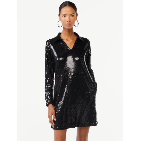 SCOOP NYC Sequined Relaxed Shirt Dress with Long Sleeves, Sz XS (0-2) - Picture 3 of 9